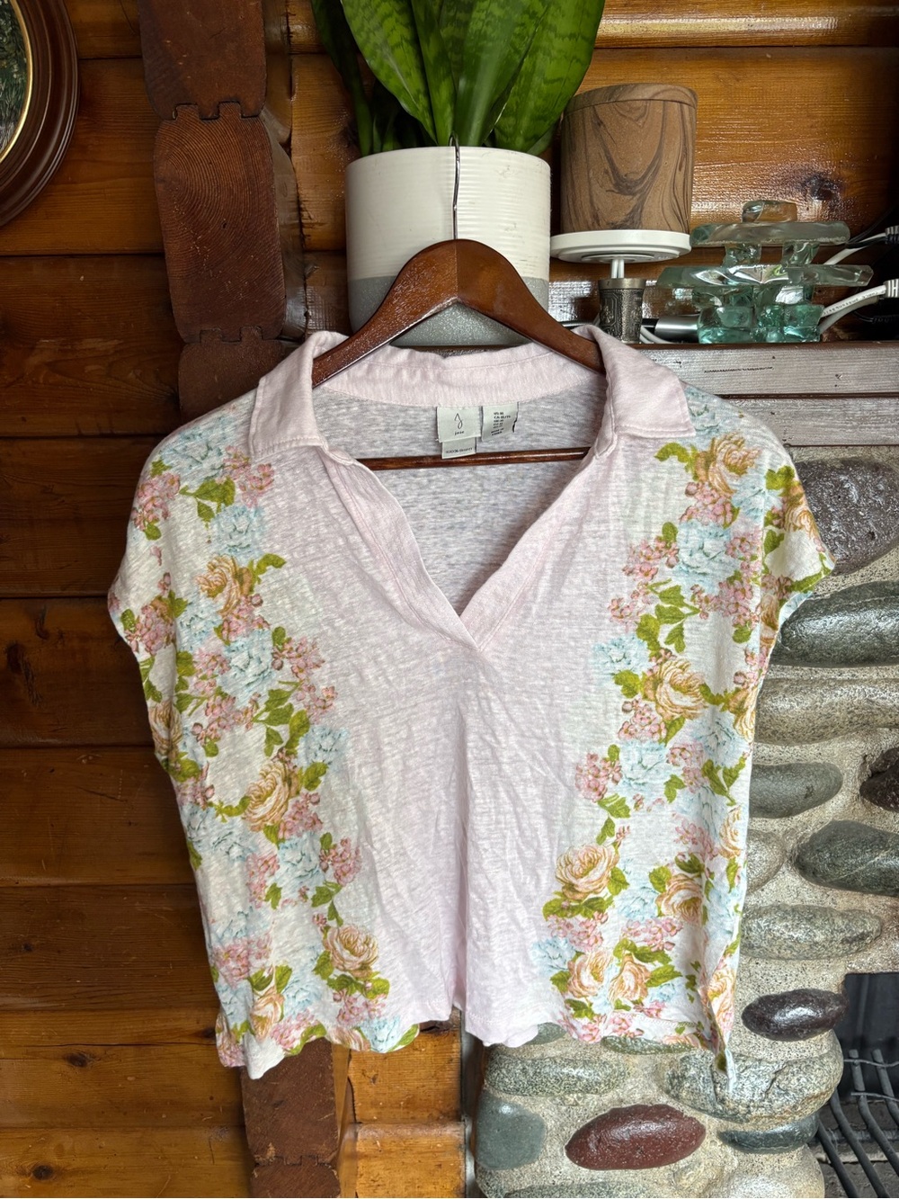 Joie 100% Linen Floral Split Neck Top Pink Resort Coastal XL